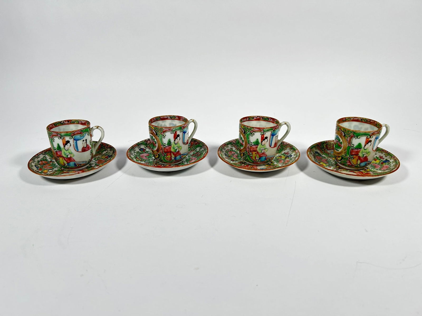 A Group of Four Pairs of Chinese Famille Rose Gilt-Decorated 'Egg Shell' Cups and Saucers, Qing (1 of 11)