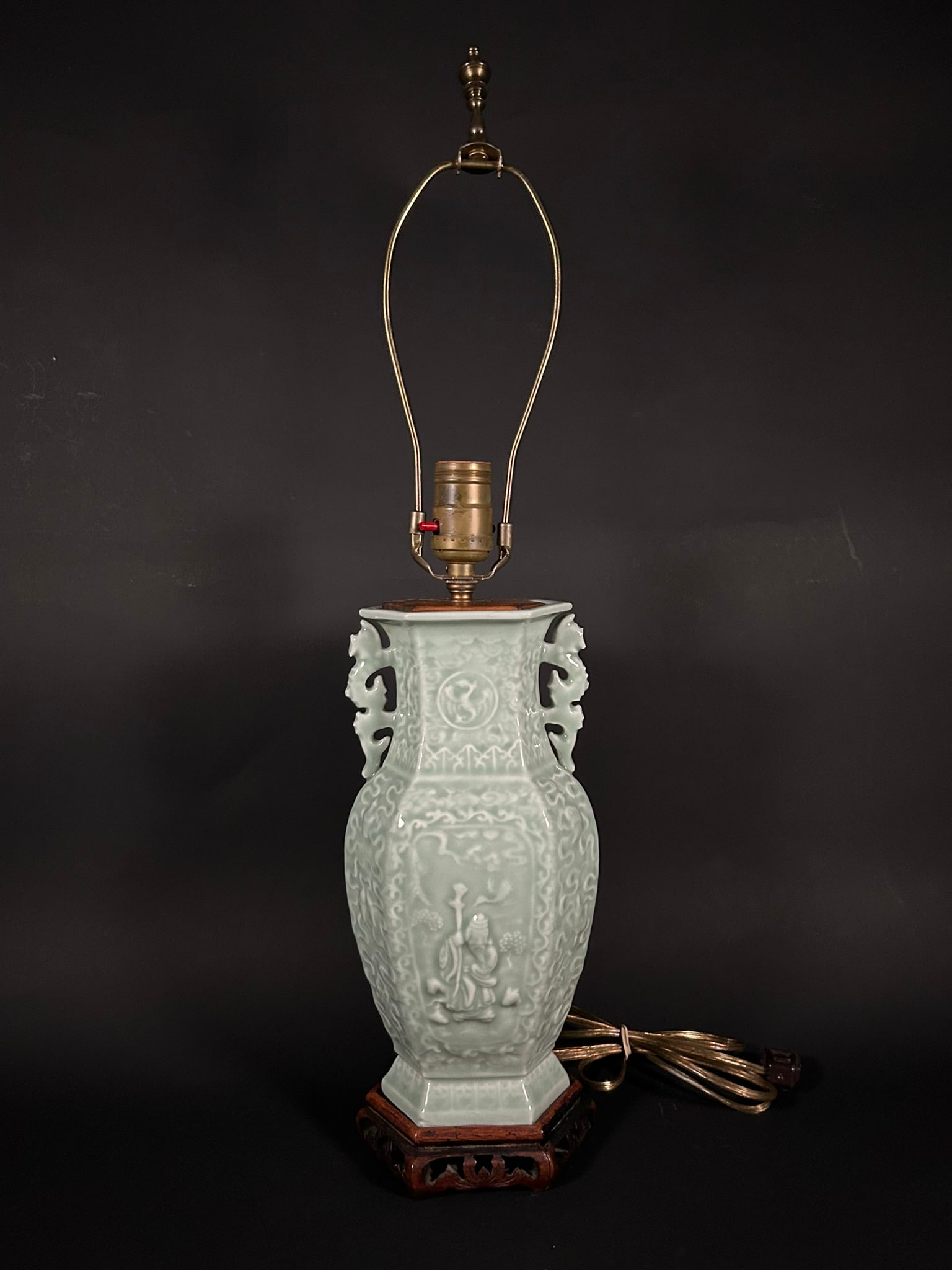 A Chinese Celadon-Glazed Molded Hexagonal 'Immortal' Vase, Republic Period (1 of 11)