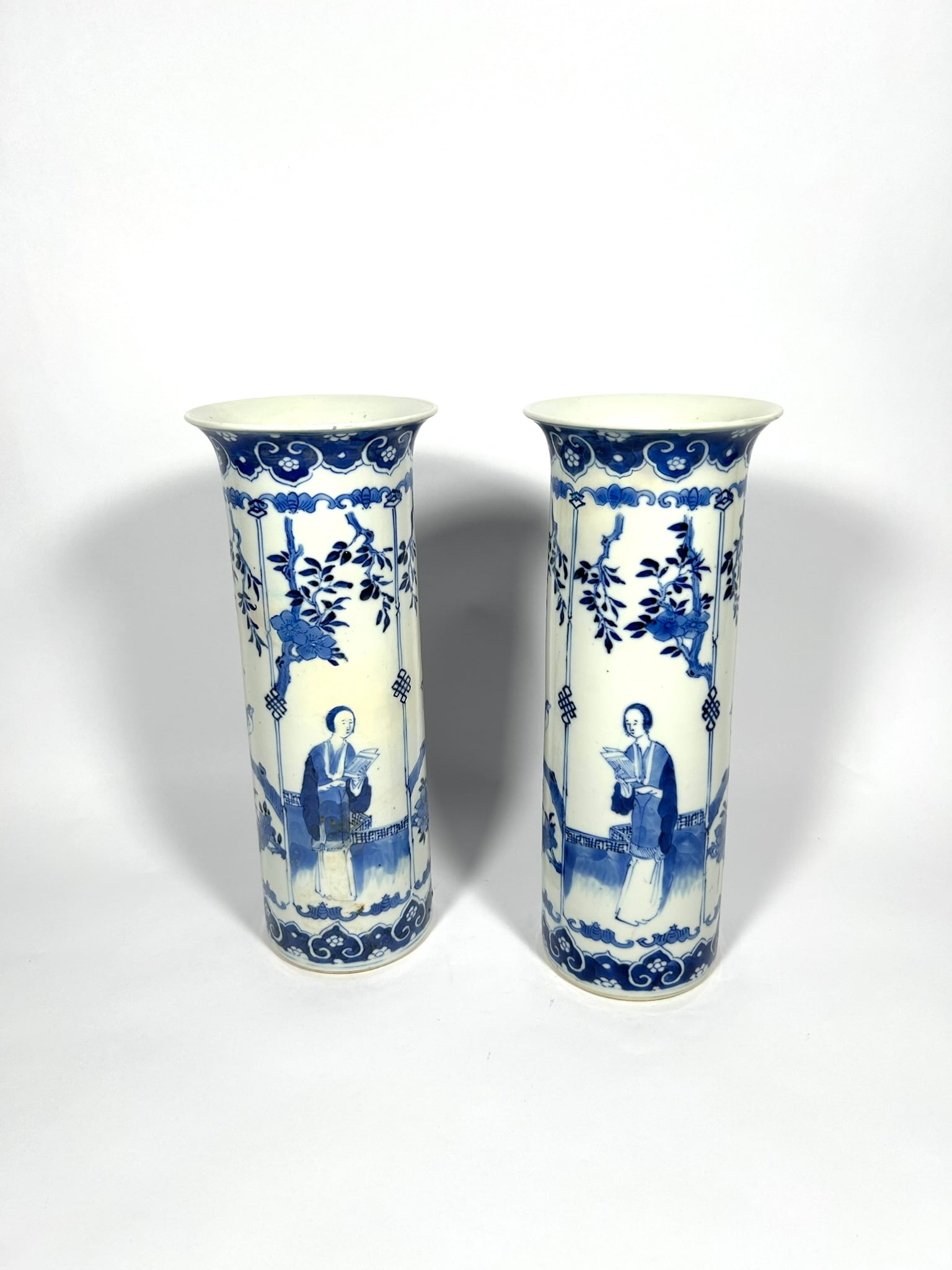 A Pair of Chinese Blue and White 'Ladies' Vases, Qing Dynasty (1 of 13)