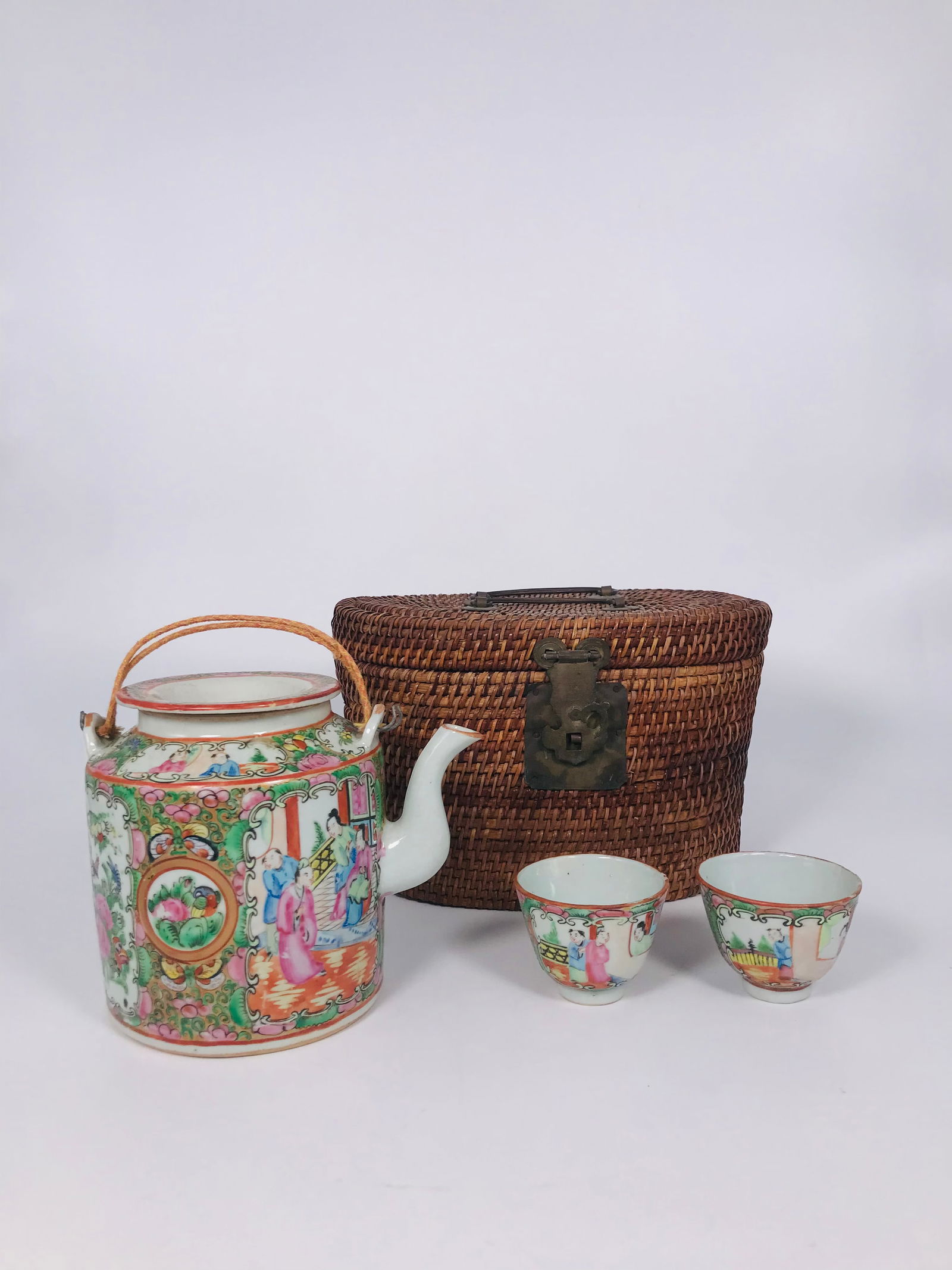 A Chinese Famille Rose Gilt-Decorated Tea Set with Bamboo Basket, Qing Dynasty (1 of 8)