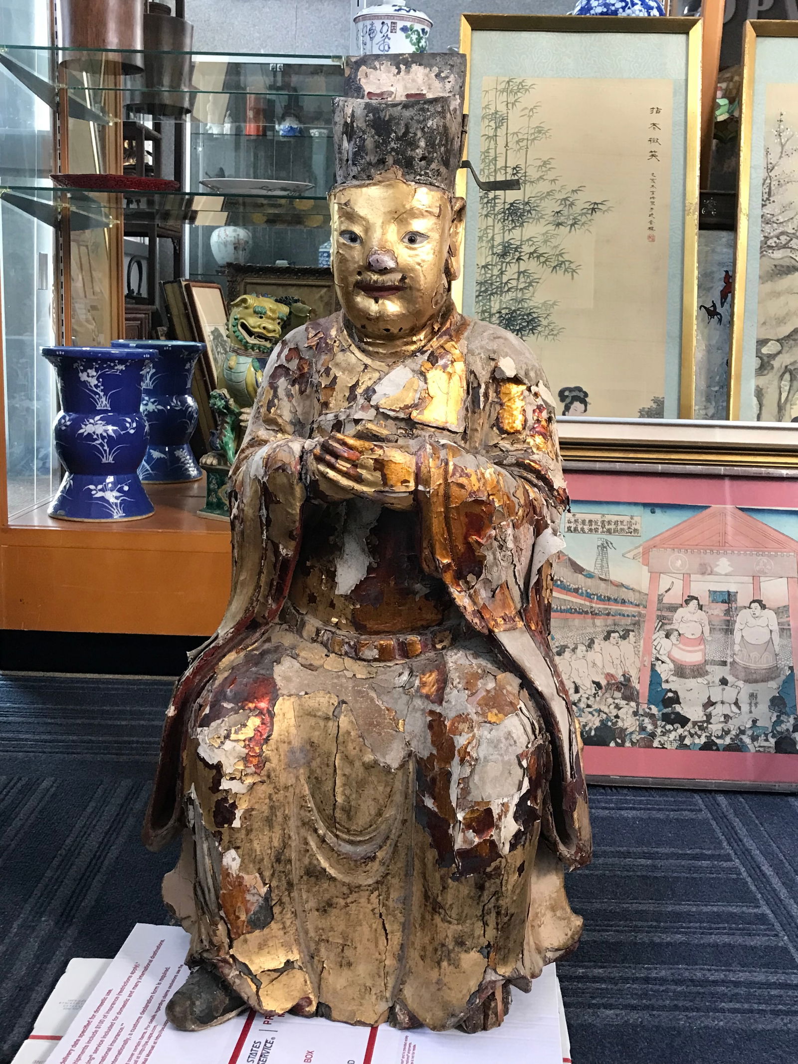 A Chinese Polychrome Gilt Carved Wood Figure of Seated Deity, Ming Dynasty (1 of 6)
