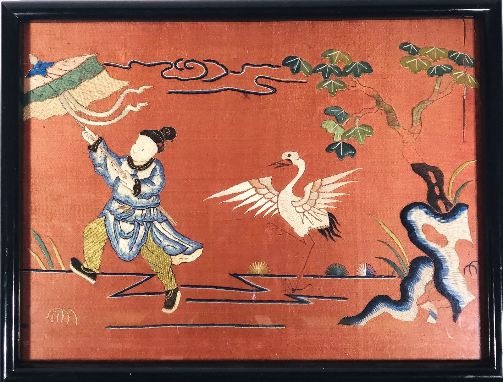A Chinese Embroidered Silk Panel: Depicting a gentleman with a crane. 13.2 in.high, 17 in.wide
