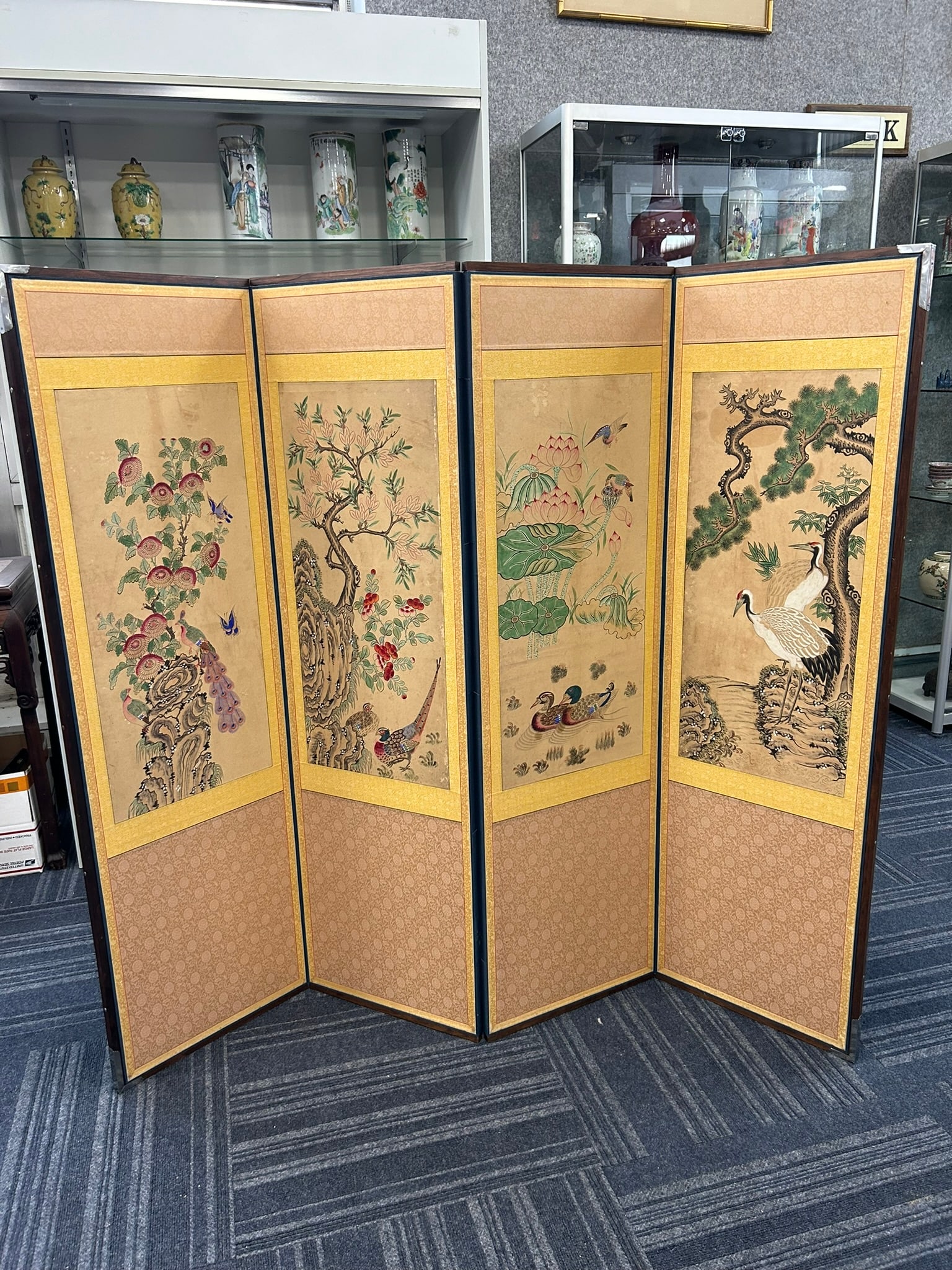 A Korean Four Panel 'Flowers and Birds' Floor Screen, 20th Century (1 of 10)