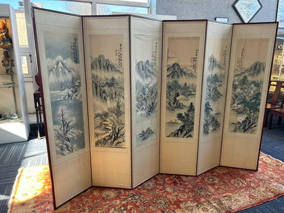 A Korean Painted Wallpaper Six-Panel Screen after Shen Zhou: Depicting scenes of landscape, 69 in. (175.3 cm.) x 17.3/4 in. (45.1 cm.) each.