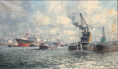 A Painting of Cargo Ships in Rotterdam Harbor, with a Signature Marinus Johannes (de Jongere)