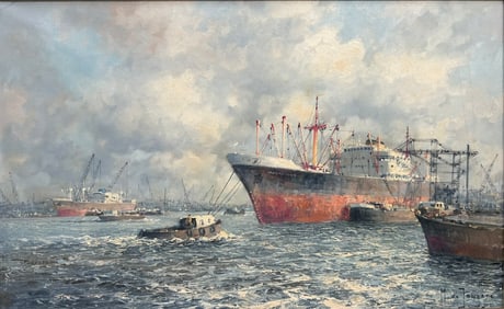 A Painting of Cargo Ships in Rotterdam Harbor, with a Signature Marinus Johannes (de Jongere)