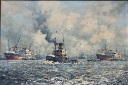 A Painting of Cargo Ships in Rotterdam Harbor, with a Signature Marinus Johannes (de Jongere)