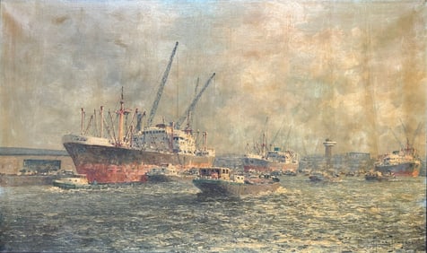 A Painting of Cargo Ships in Rotterdam Harbor, with a Signature Marinus Johannes (de Jongere)