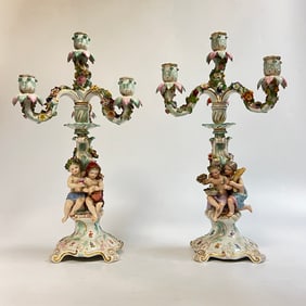A Pair of Meissen Three-Light Candelabras
