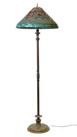 A Champleve Bronze & Stained Glass Floor Lamp
