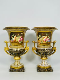 A Pair of English Gilt-Decorated Porcelain Urns, Mid 19th Century