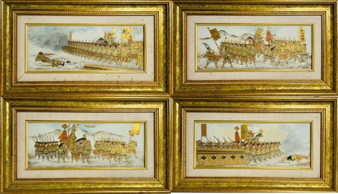A Group of Four Japanese Satsuma Samurai Battle Scene Plaques, Meiji Period