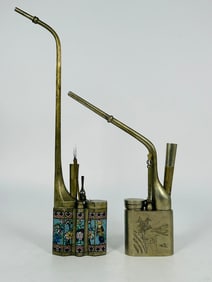 Two Chinese Brass Water Smoking Pips with Marks, Qing Dynasty