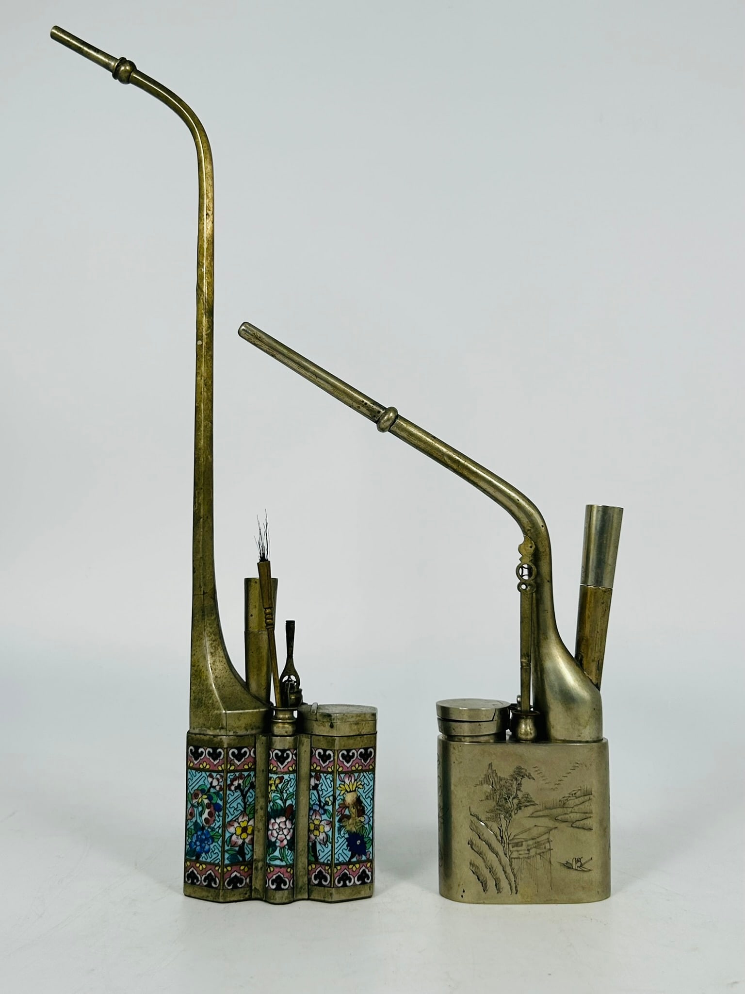 Two Chinese Brass Water Smoking Pips with Marks, Qing Dynasty (1 of 12)