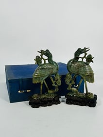 A Pair of Chinese Carved Jade Cranes with Wood Stands and Box