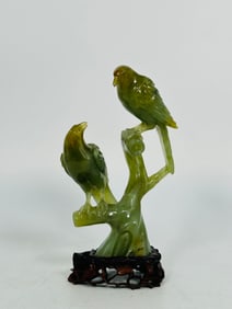 A Chinese Carved Jade Twin-Bird Sculpture with Wooden Base