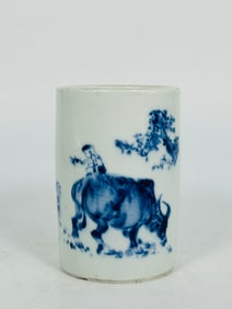A Chinese Blue and White 'Cowherd' Brush Pot with Mark