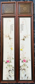 A Pair of Chinese 'Birds and Flowers' Porcelain Panles with Wooden Frames