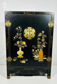 A Chinese Mother-of-Pearl and Hardstone-Inlaid Black Lacquer Cabinet