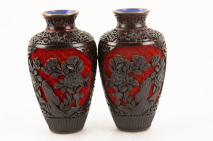 Pair Of Vintage Chinese Carved Cinnabar Lacquer Vase