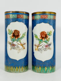 A Pair of Chinese Famille Rose 'Medallion' Blue-Ground Hat Stands