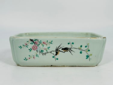 A Chinese Famille Rose Celadon-Glazed 'Bird and Flower' Rectangular Jariniere