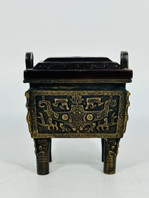A Chinese Archaistic Bronze Vessel, Ding and a Wooden Cover