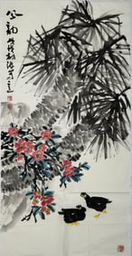 Two Chinese Paintings of Birds and Flowers, Zhang Donghai