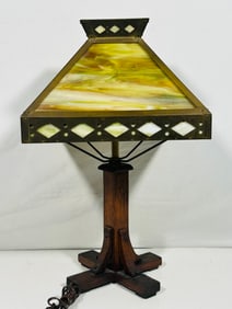 A Vintage Slag Glass Table Lamp in American Arts and Crafts Style