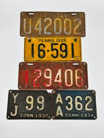 A Group of Five Vintage Motor Licence Plates