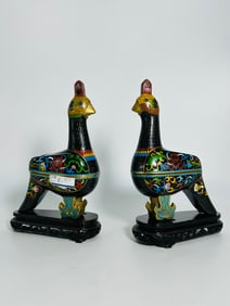 A Pair of Chinese Cloisonne Enamel Bird-Shaped Boxes and Covers