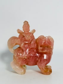 A Chinese Carved Pink Rose Quartz Figure of Manjushri Seated on A Lion