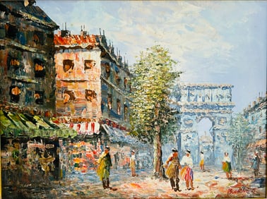 A Painting of Arc De Triomphe Street Scene, with a Signature Caroline Burnett