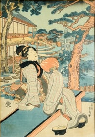 A Japanese Woodblock Print of a Lady and Landscape