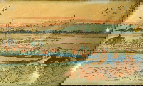 A Japanese Woodblock Print of Kanaya: The Totomi Side of the Oi River (Kanaya, Oigawa Engan),