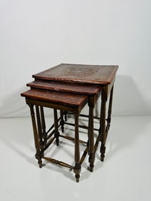 Set Of Nesting Tables With Embossed Leather Inlaid Top Featuring Aztec Art
