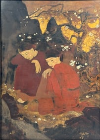 A Vietnamese Lacquer Painting (son mai) of Two Ladies