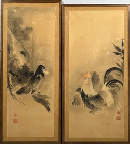 Two Japanese Paintings of Roosters and Bird