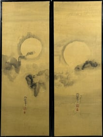 A Pair of Japanese Paintings of Moon and Cloud