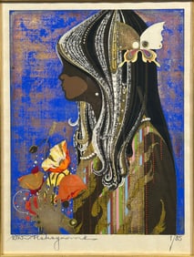 A Japanese Woodblock Print of Girl with Butterfly and Flowers, Signed Tadashi Nakayama (1927 -