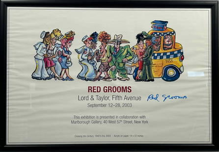 A Red Grooms Exhibition Poster, with a Signature of the Artist: A poster featuring 'Crossing the Century, 1940's Era, 2003' by Red Grooms, with a signature of the artist to the right section. Red Grooms was born in Nashville, Tennessee, in 1937. He studied at the