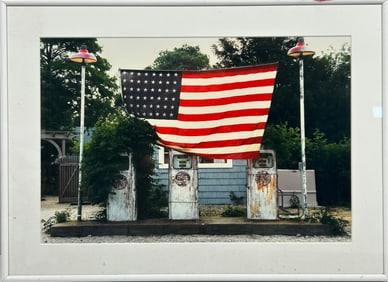 A Photo Print of Gas Station with US Flag