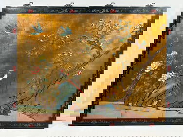 A Chinese Four-Panel 'Bird and Flowers' Wall Screen