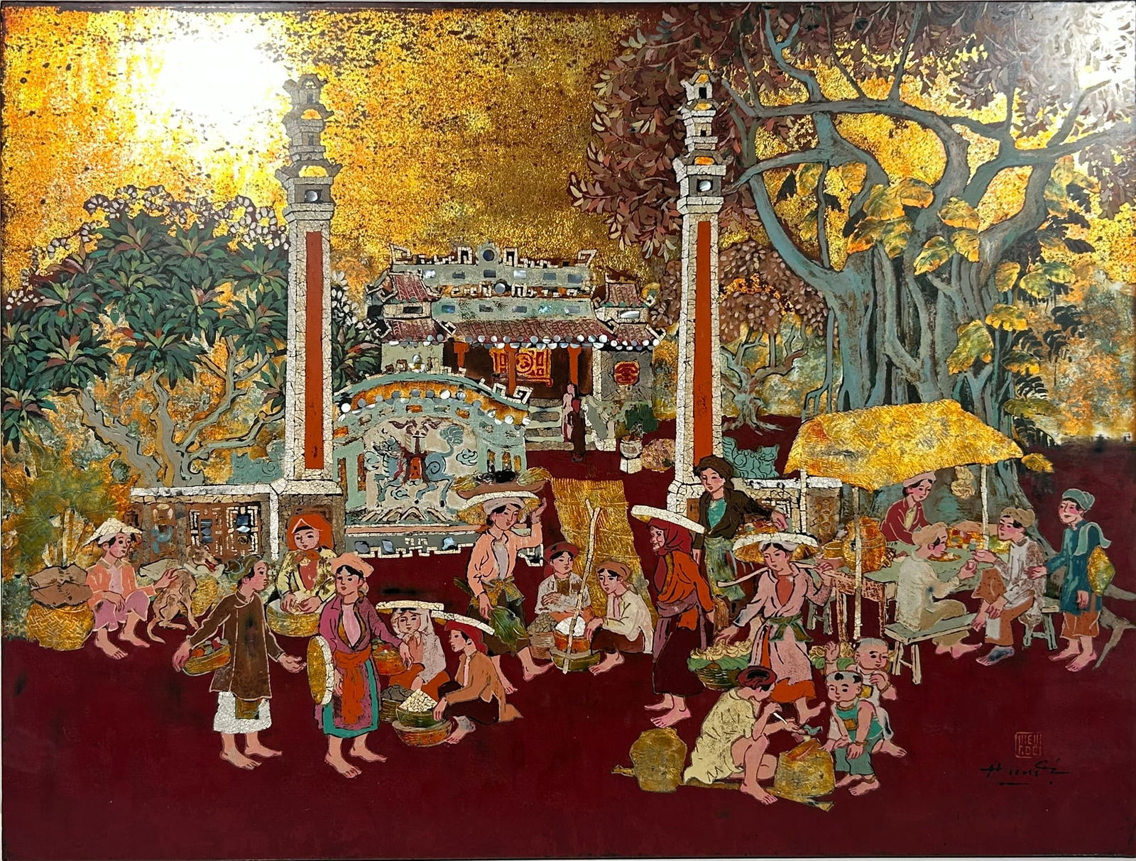 A Vietnamese Lacquer Painting Son Mai of Temple Scene, Hieu De (1 of 10)