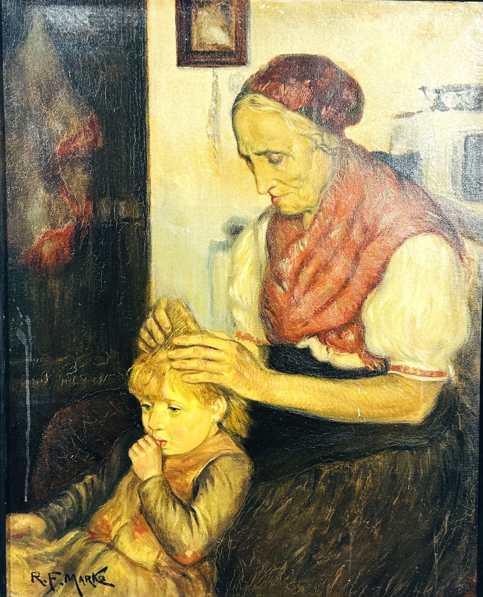 A Painting of Grandmother with a Child, R.F. Marko: Oil on canvas, depicts a grandmother caring for her grandson. 36.5/8 in. x 30.5/8 in. (frame).