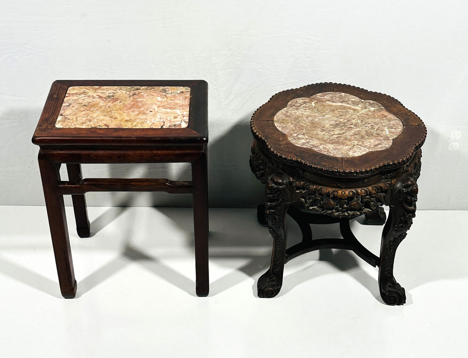 A Chinese Hongmu Marble-Inset Rectangular Stool and A Round Table (1 of 16)