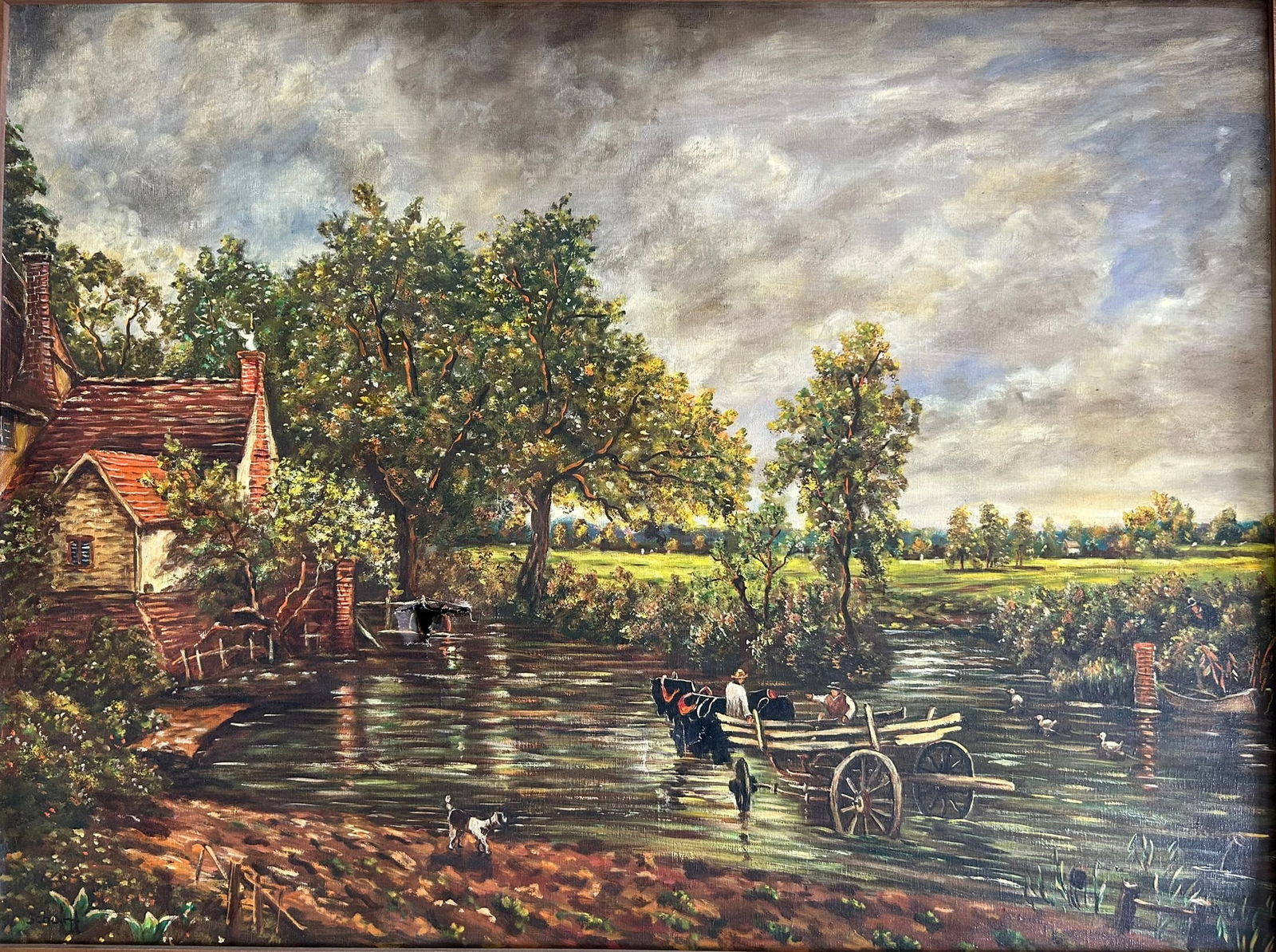 A Painting of The Hay Wain, Attributed to John Constable, Signed by An Unknown Artist: Depicts a rural scene on the River Stour between the English counties of Suffolk and Essex, 39.1/4 in. x 30 in. (sight), 46 in. x 36 in. (frame). No reserve price.