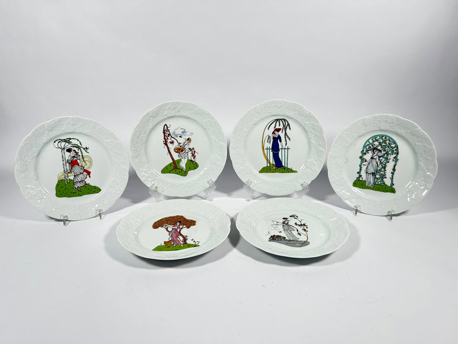 A Set of Six French Lierre Sauvage CNP Porcelain Dessert Dishes: 8 in. diam. each. No reserve price.