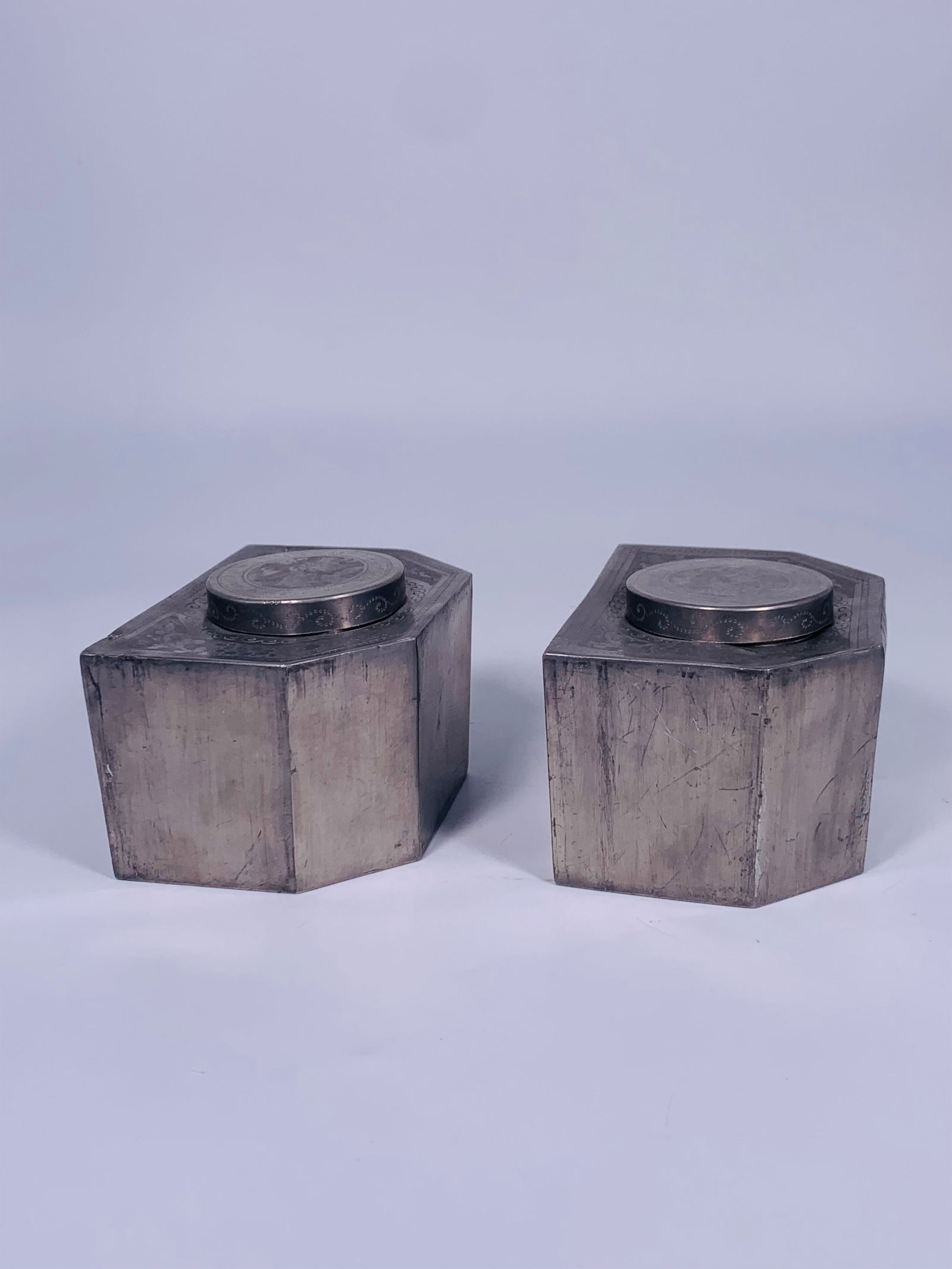 A Pair of Chinese Pewter Tea Caddies with Double Covers (1 of 6)