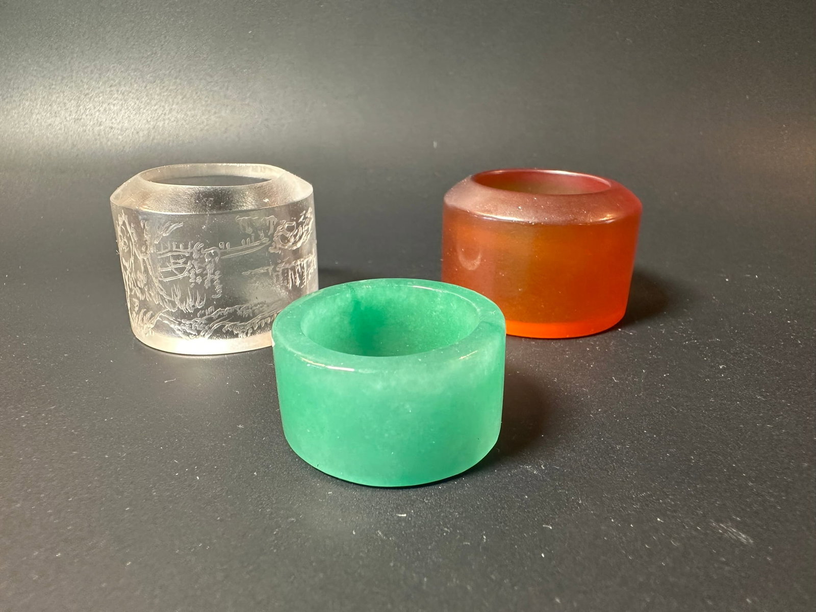 A Group of Three Chinese Jade, Crystal and Agate Rings (1 of 5)
